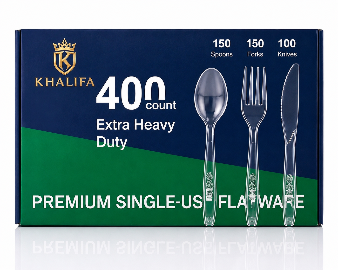 Khalifa Premium 400 Count Plastic Cutlery Set - Extra Heavy Duty Flatware (150 Forks, 150 Spoons, 100 Knives)
